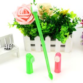 denTwo Headed Dog Toothbrush Set Canine Dental Hygiene Brush with 2 Finger Brushes Soft Bristles (Color: Green)