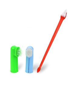 denTwo Headed Dog Toothbrush Set Canine Dental Hygiene Brush with 2 Finger Brushes Soft Bristles (Color: Red)